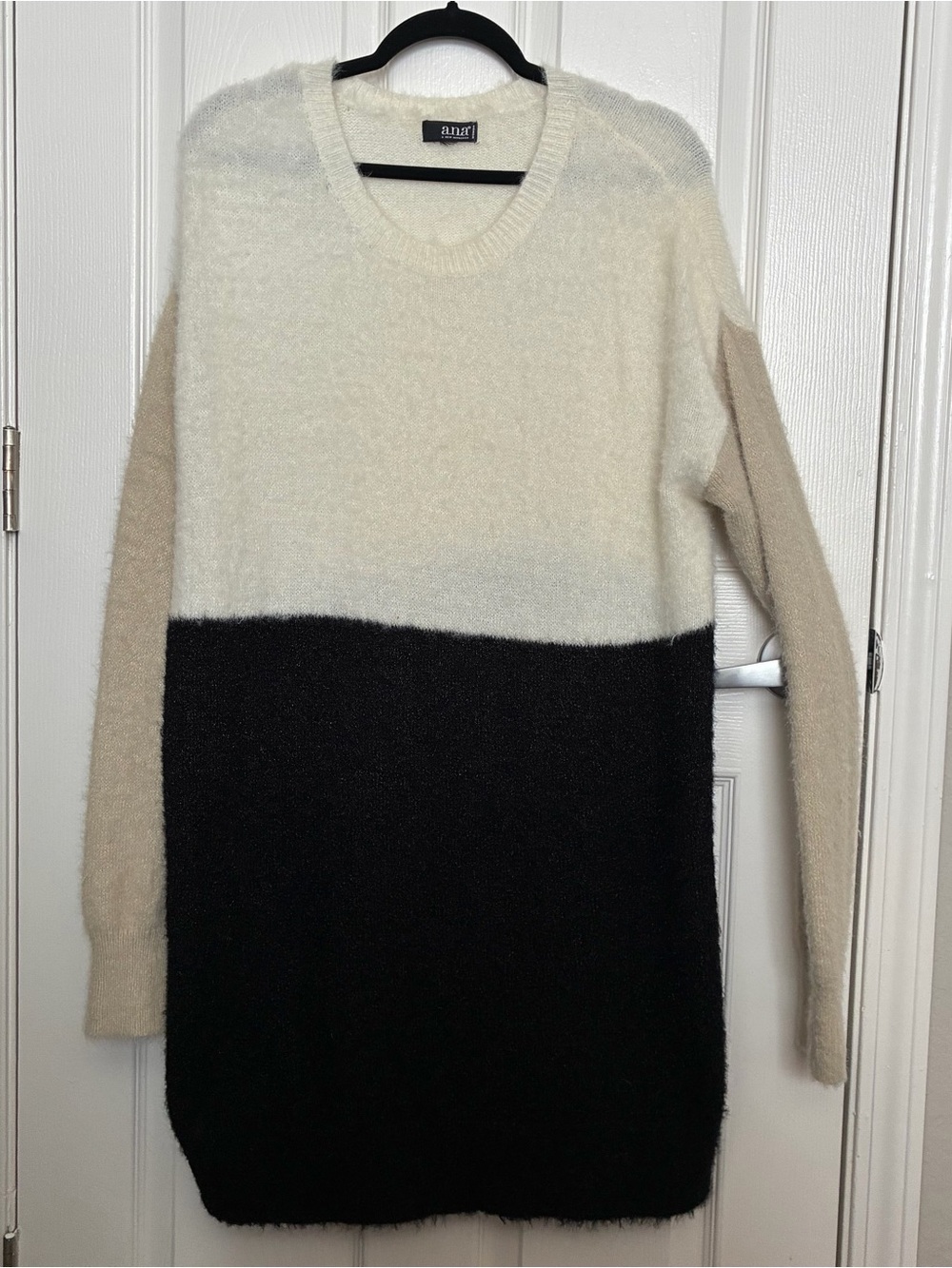 a.n.a Colorblock Fuzzy Crewneck Sweater Dress - Ivory, Black & Beige